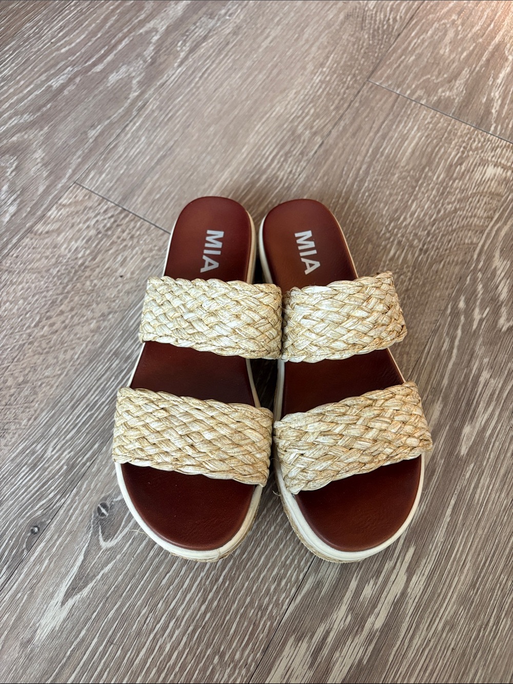 MIA Two-Strap Braided Slide Sandals in Natural Straw
